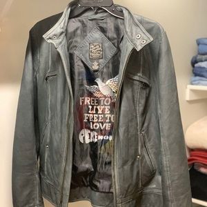 Women’s “Lucky” Gray Leather Moto Peace Jacket/Coat, Size Large.